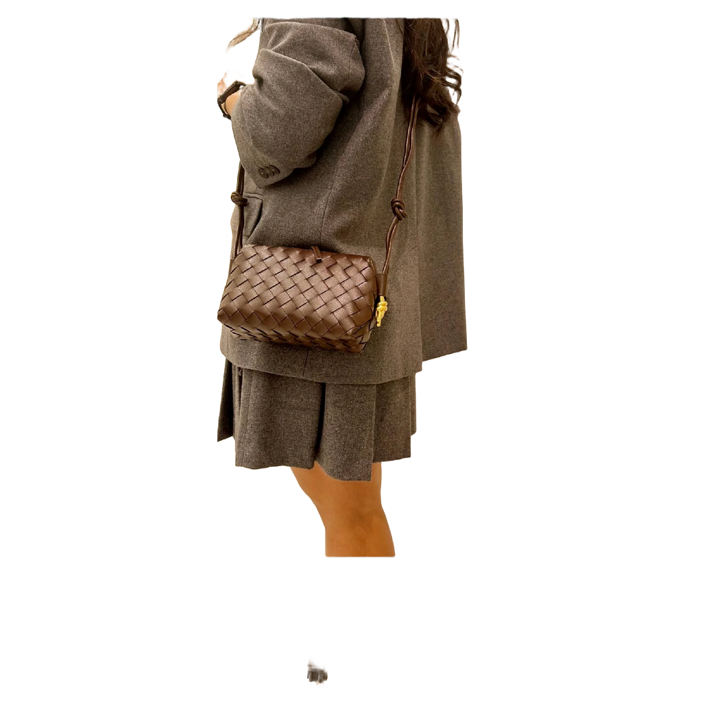 Geanta Margot crossbody, de tip camera bag, din piele naturală împletită